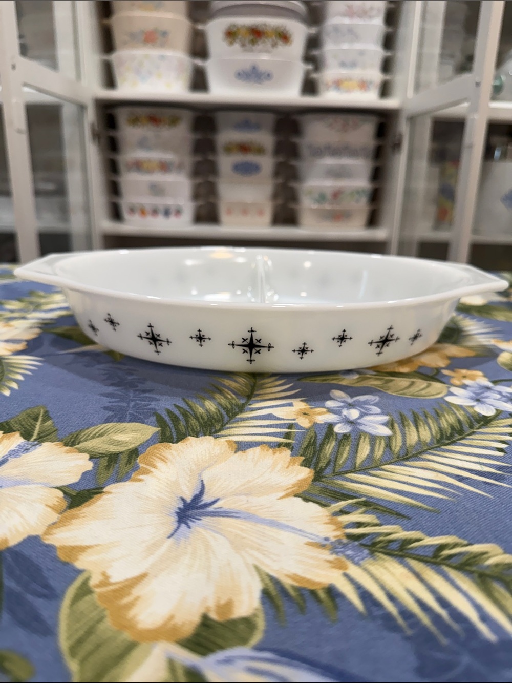 Pyrex White Divided Casserole Dish with Black Starburst Pattern Compass